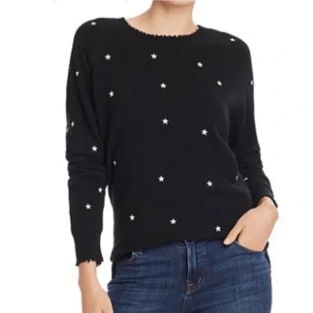 Aqua Black Crewneck Sweater with White Star Embroidery